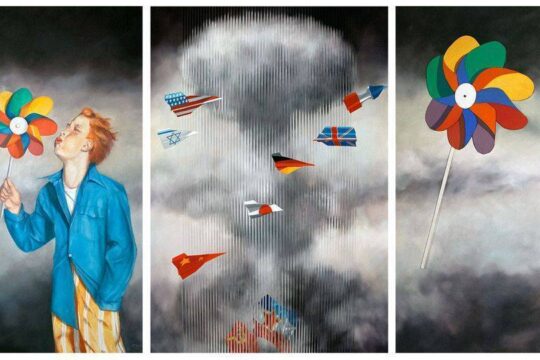 Mića Trnavac USMERENO KRETANJE VELIKOG RAZORNOG DEJSTVA, 1994, ulje na platnu i drveni objekat, 158x287 cm prenosi Objektiva.rs iz Valjeva