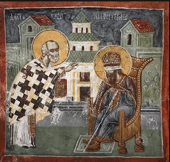 Sveti-Nikola-vraca-vid-Stefanu-Decanskom-freska-u-crkvi-Svetog-Nikole-Pecka-patrijarsija